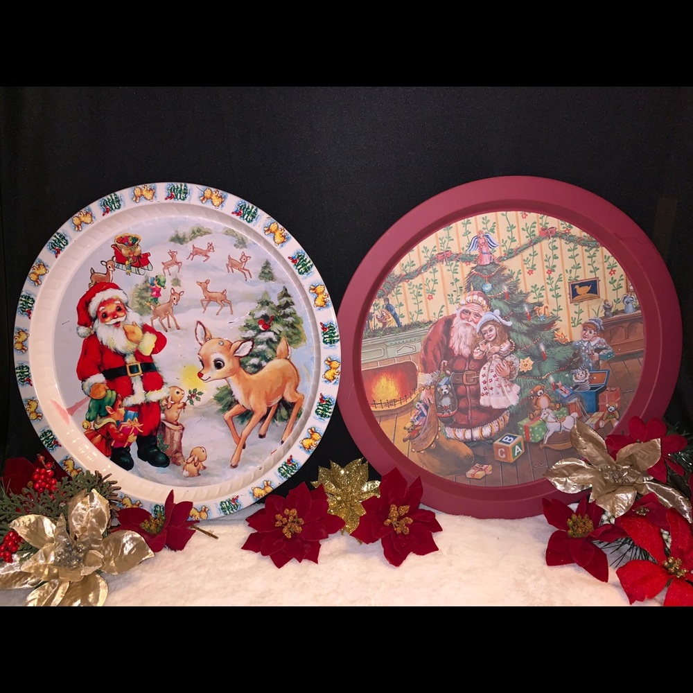 2 Vintage Christmas Metal Tin Trays with Santa .